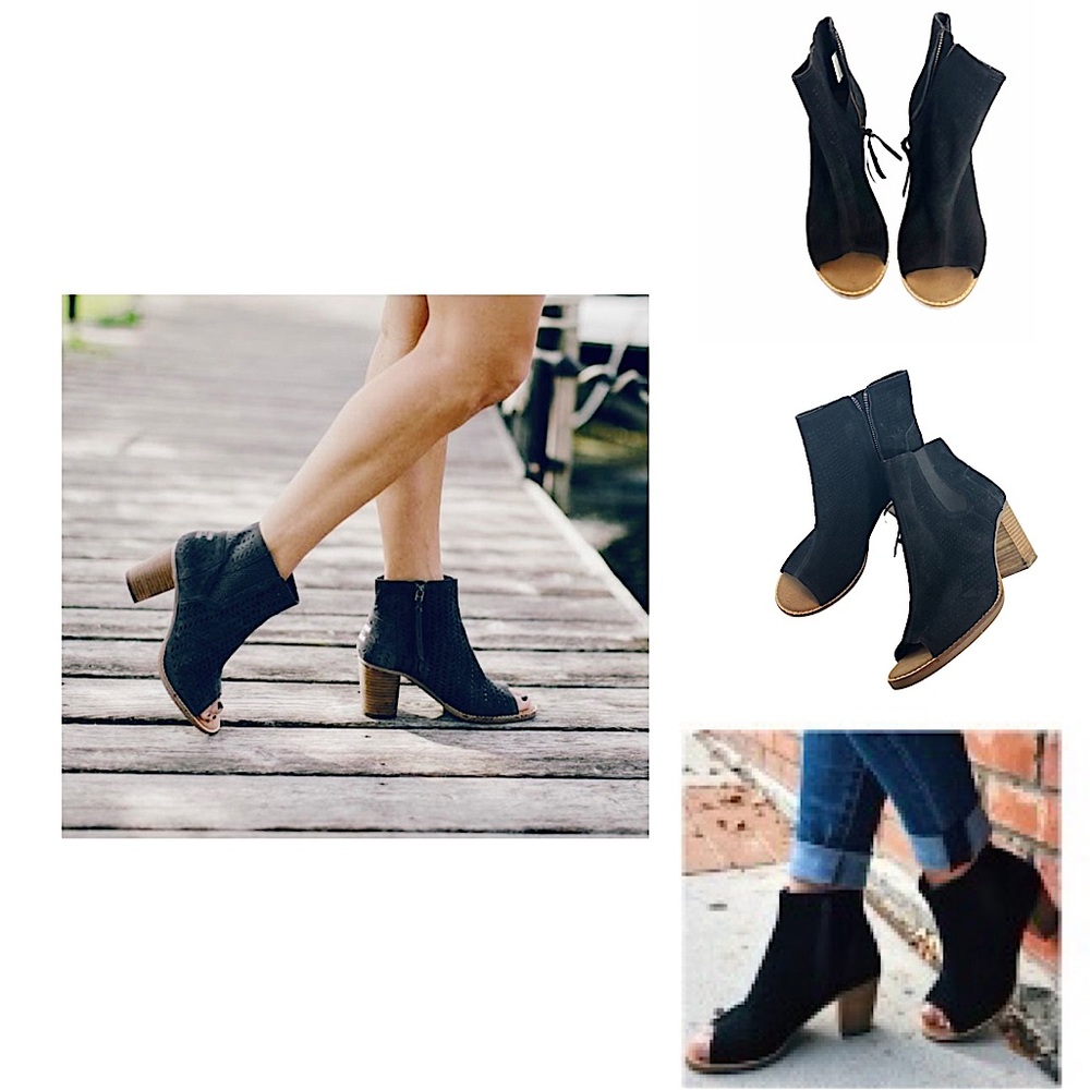 Like New Toms Majorca Leather Suede Perforated Peep Toe Ankle Boots Black 8.5